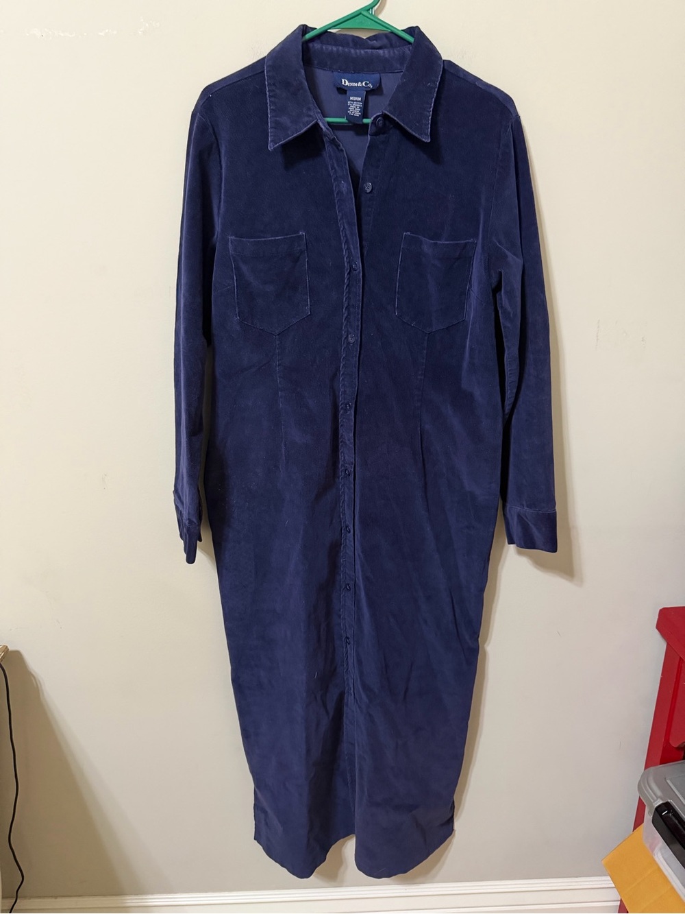 Denim&Co Navy corduroy velvety Long Sleeve Shirt maxi Dress buttermom retro 90s